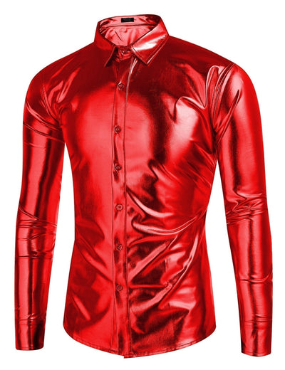 Metallic Disco Shiny Button Nightclub Party Shirt (US Only) Shirts coofandy Red S 