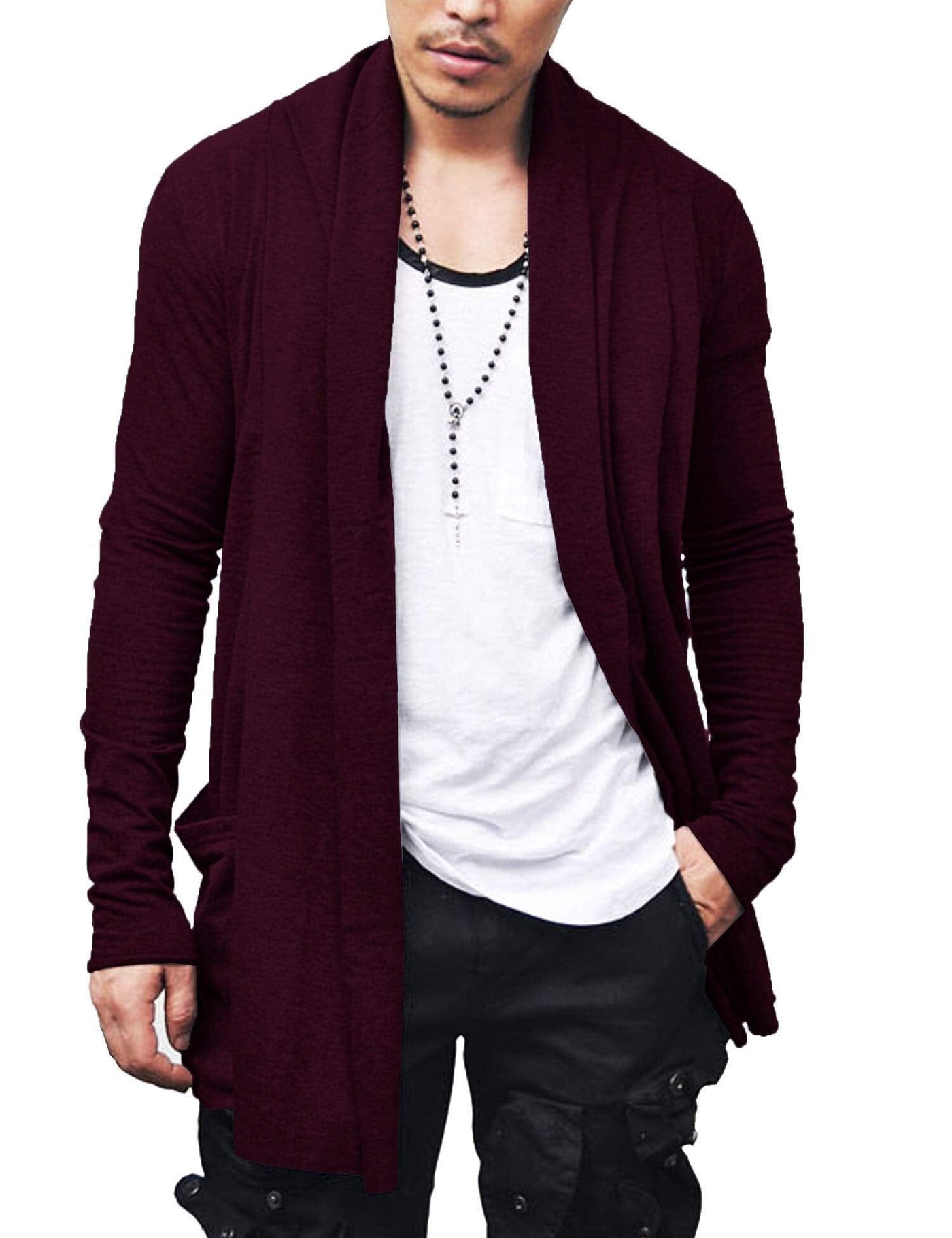 Ruffle Shawl Collar Knitted Cardigan (US Only) Cardigans COOFANDY Store Wine Red M 