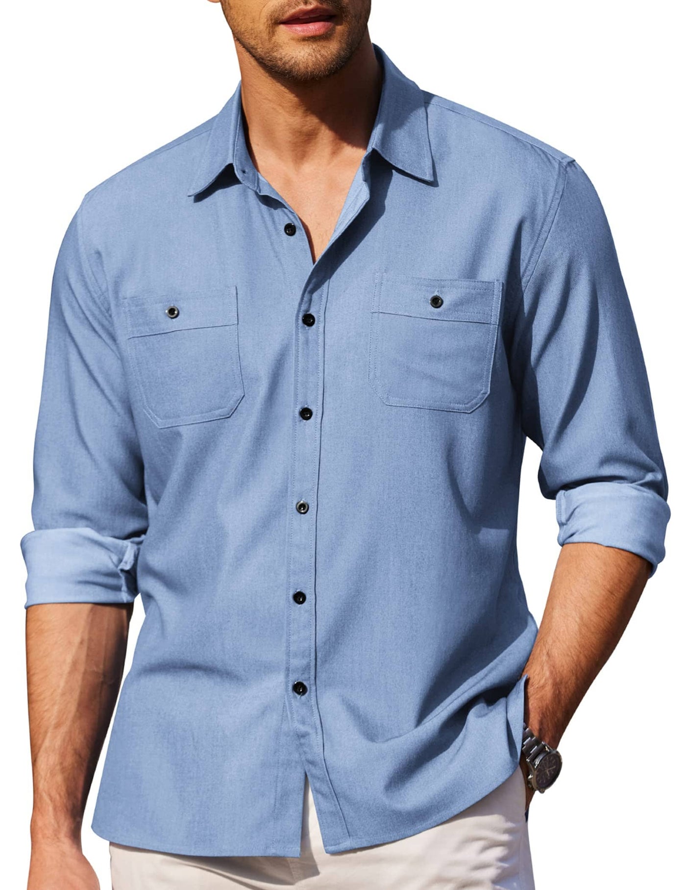 Button Down Long Sleeve Chambray Shirt (US Only) Shirts & Polos coofandystore Light Blue S 