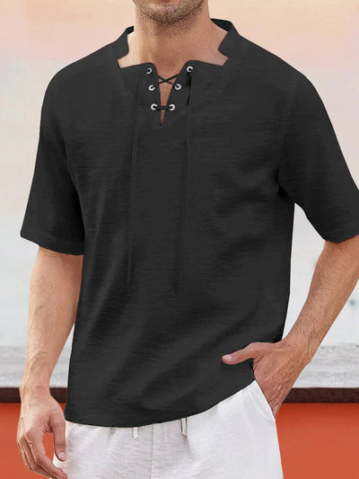 Short-sleeved Linen Style Tie Collar Shirt Shirts coofandystore Black S 
