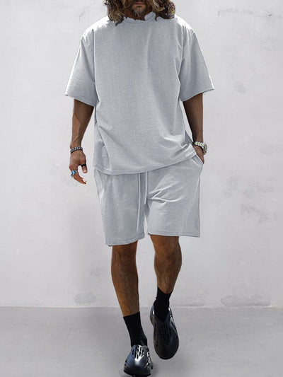 Casual Solid Color Short Sleeve Shirt Set Sports Set coofandystore Light Grey M 
