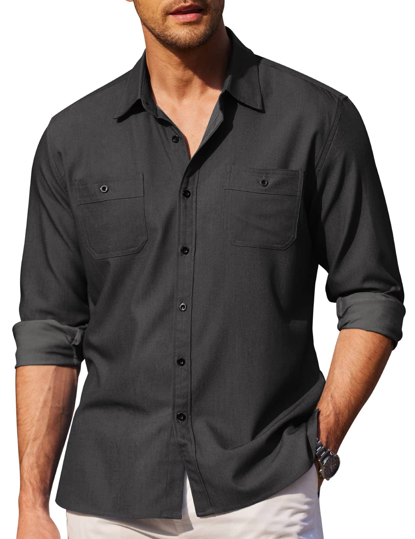 Button Down Long Sleeve Chambray Shirt (US Only) Shirts & Polos coofandystore Denim Black S 