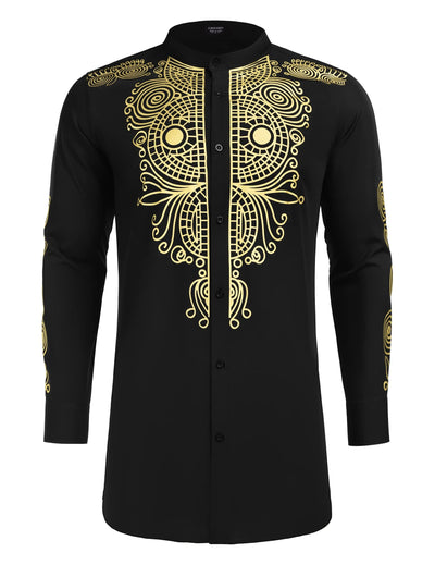 Casual Ethnic Graphic Long Shirt (US Only) Shirts COOFANDY Store Black/Gold S 