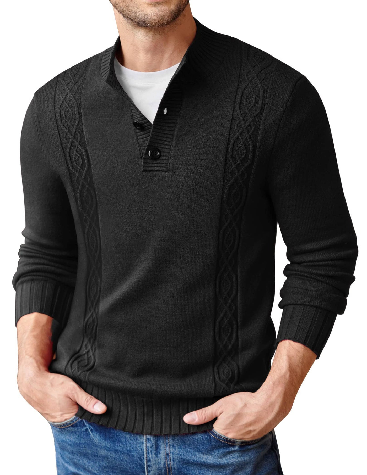 Twisted Stand Collar Knitted Pullover Sweater (US Only) Sweaters coofandy Black S 