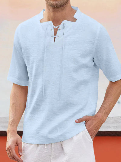 Short-sleeved Linen Style Tie Collar Shirt Shirts coofandystore Blue S 