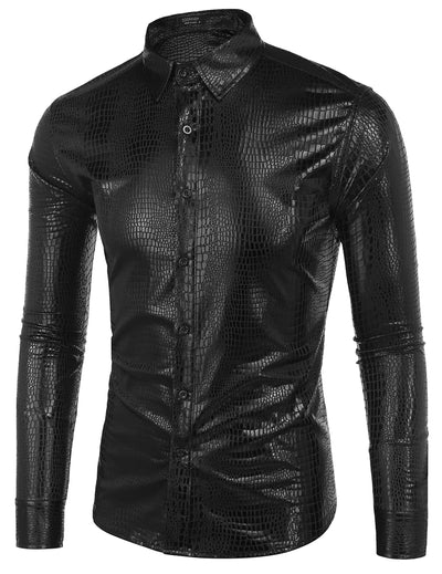 Metallic Disco Shiny Button Nightclub Party Shirt (US Only) Shirts coofandy Black With Pattern S 