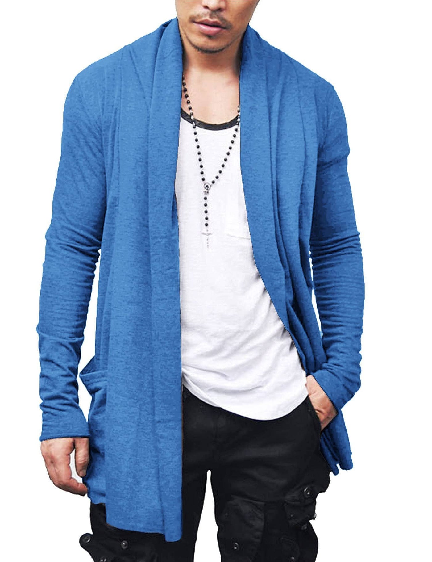 Ruffle Shawl Collar Knitted Cardigan (US Only) Cardigans COOFANDY Store Blue S 