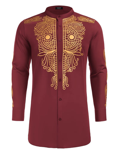 Casual Ethnic Graphic Long Shirt (US Only) Shirts COOFANDY Store Burgundy/Gold S 