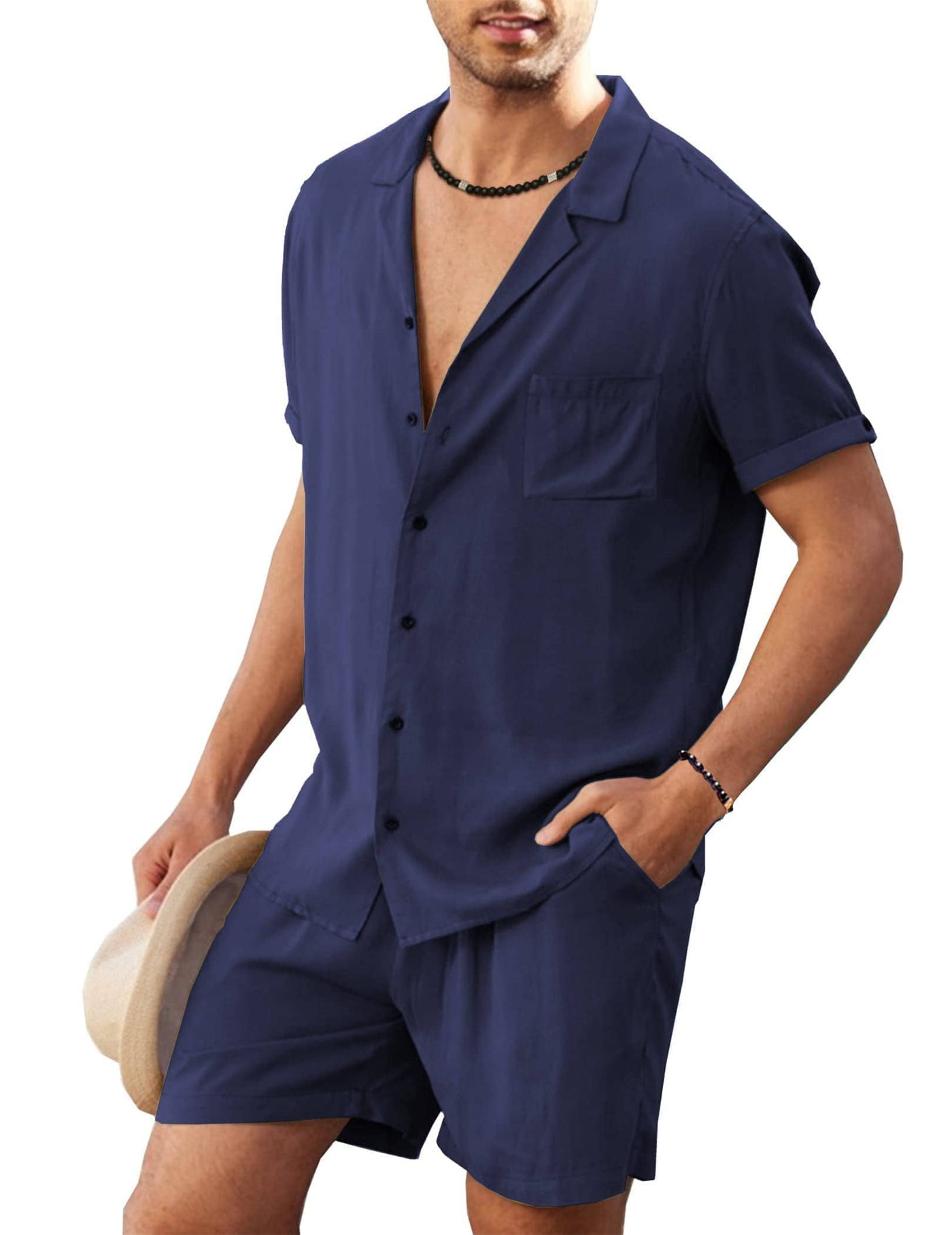 Coofandy 2 Pieces Beach Shirt Set (US Only) Sets coofandy Navy Blue S 