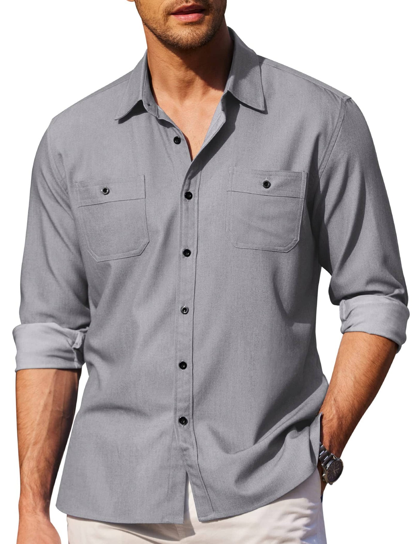 Button Down Long Sleeve Chambray Shirt (US Only) Shirts & Polos coofandystore Gray S 