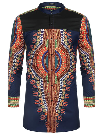 Casual Ethnic Graphic Long Shirt (US Only) Shirts COOFANDY Store Navy Blue S 