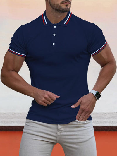 Collar Cuff Stripes Splicing Short-sleeved Polo Shirt Polos coofandystore Navy Blue M 