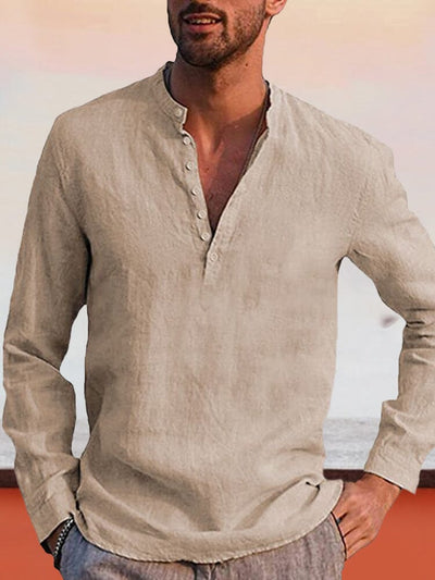 linen style long-sleeved casual shirt Shirts & Polos coofandystore Khaki S 