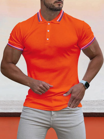 Collar Cuff Stripes Splicing Short-sleeved Polo Shirt Polos coofandystore Orange M 