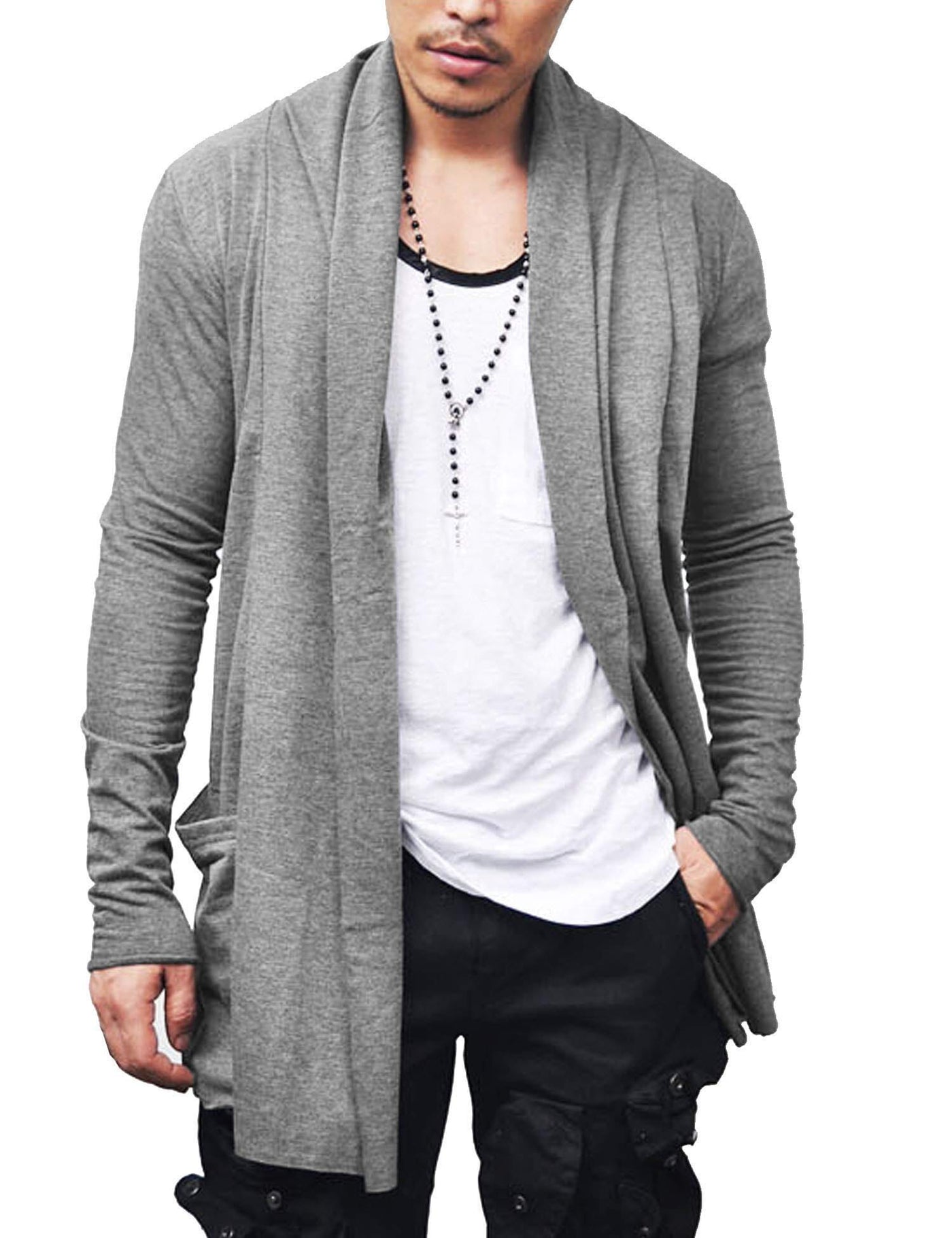 Ruffle Shawl Collar Knitted Cardigan (US Only) Cardigans COOFANDY Store Grey S 