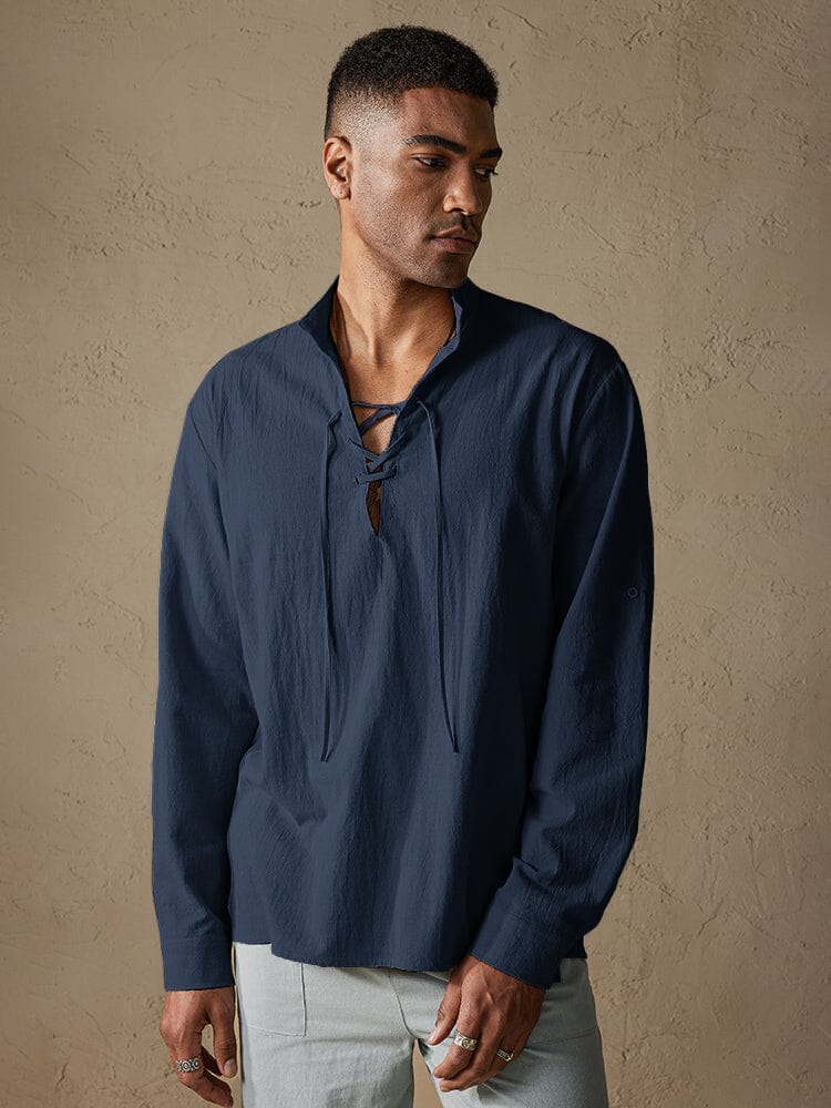 Cotton Long Sleeves V Neck Shirt Shirts coofandy Navy Blue S 