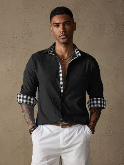 Coofandy Linen Style Long Sleeves Plaid Collar Shirt Shirts coofandy Black S 