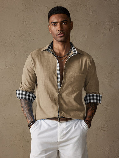 Coofandy Linen Style Long Sleeves Plaid Collar Shirt Shirts coofandy Khaki S 