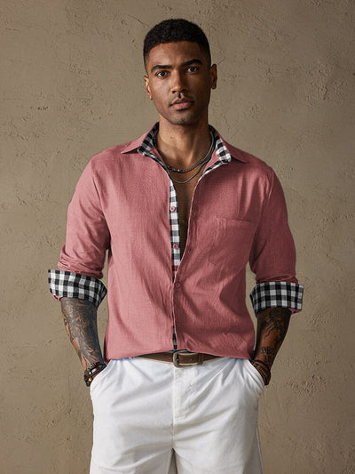 Coofandy Linen Style Long Sleeves Plaid Collar Shirt Shirts coofandy Pink S 
