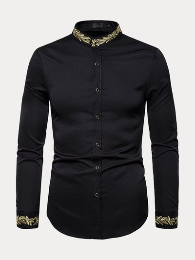 Fashion Embroidered Henley Collar Long-sleeved Shirt Shirts coofandystore Black S 