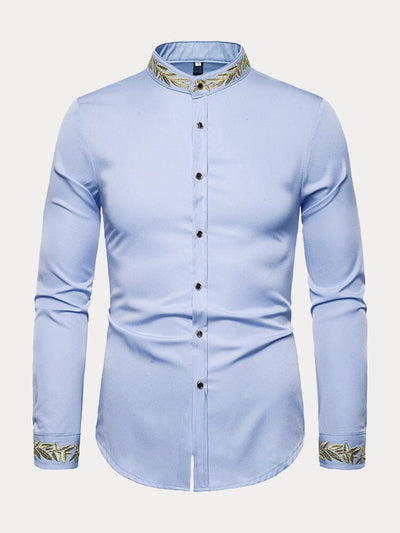 Fashion Embroidered Henley Collar Long-sleeved Shirt Shirts coofandystore Light Blue S 