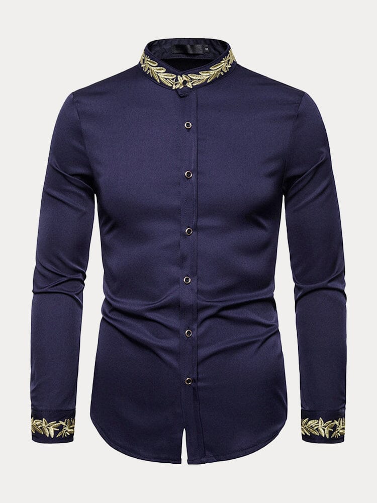 Fashion Embroidered Henley Collar Long-sleeved Shirt Shirts coofandystore Navy Blue S 