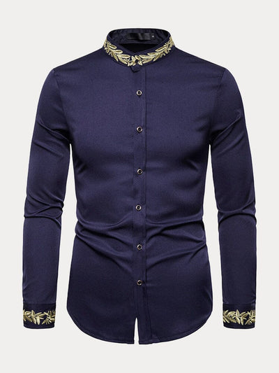 Fashion Embroidered Henley Collar Long-sleeved Shirt Shirts coofandystore Navy Blue S 