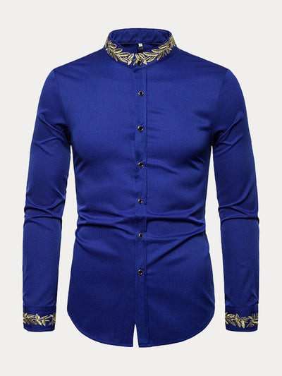 Fashion Embroidered Henley Collar Long-sleeved Shirt Shirts coofandystore Blue S 