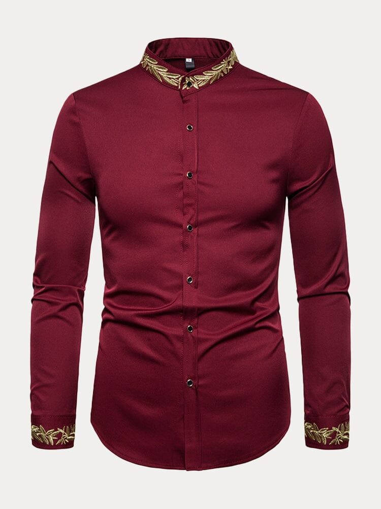 Fashion Embroidered Henley Collar Long-sleeved Shirt Shirts coofandystore Wine Red S 