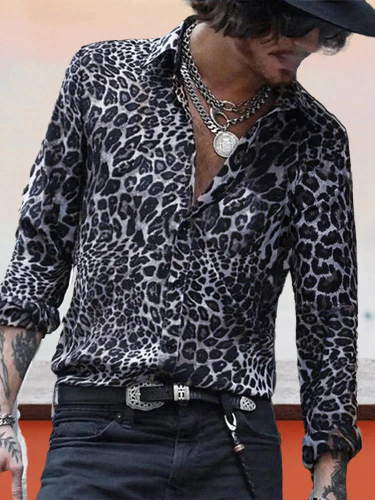 Leopard Print Long Sleeved Shirt Shirts coofandystore Black S 