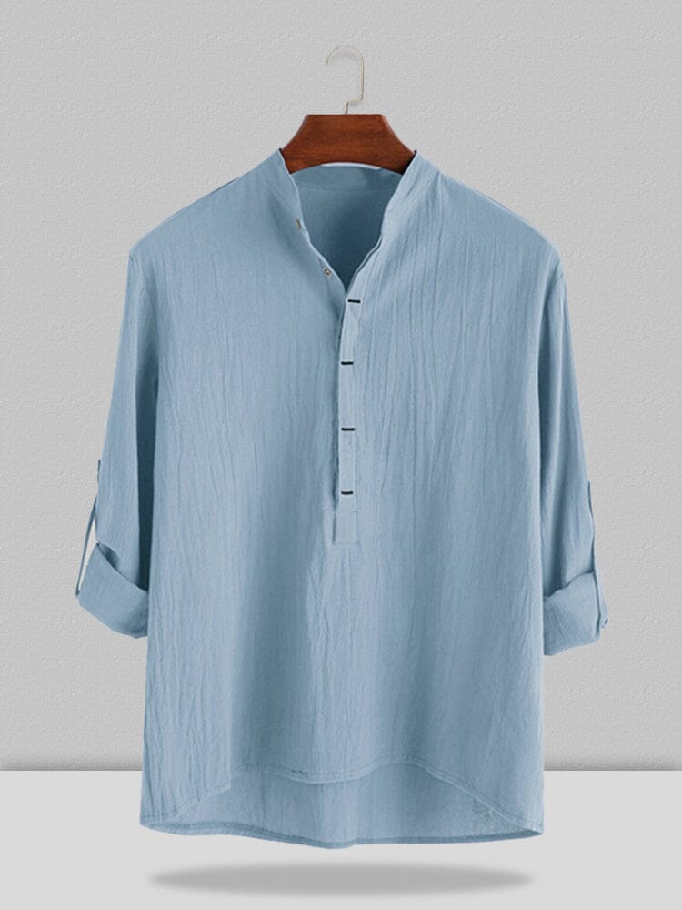 Stand Collar Cotton Linen Style Long Sleeve Shirt Shirts coofandystore Blue S 