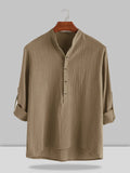 Stand Collar Cotton Linen Style Long Sleeve Shirt Shirts coofandystore Brown S 