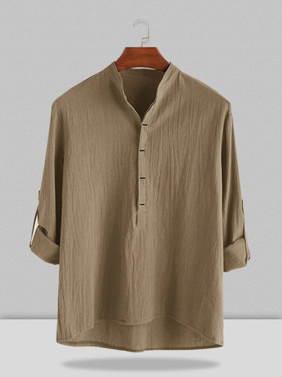 Stand Collar Cotton Linen Style Long Sleeve Shirt Shirts coofandystore Brown S 