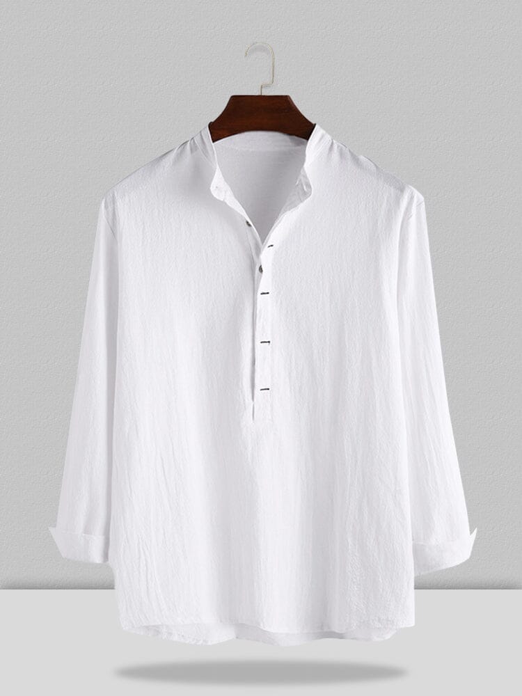 Stand Collar Cotton Linen Style Long Sleeve Shirt Shirts coofandystore White S 