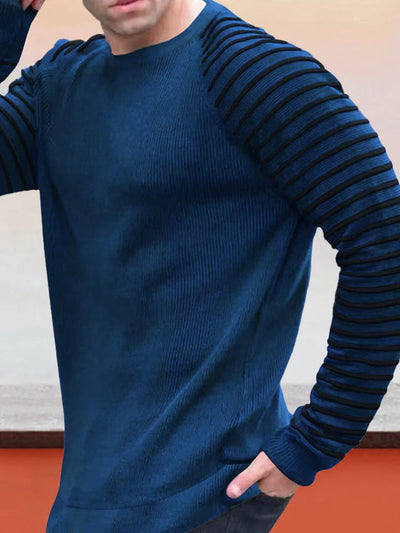 Striped Patchwork Cotton Knit Sweater coofandystore Navy Blue M 