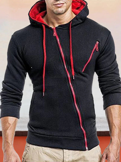Slanted Zipper Hooded Sweatshirt coofandystore Black M 