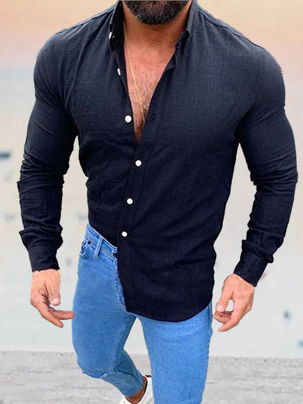 Casual Long Sleeve Linen Shirt coofandystore Black M 