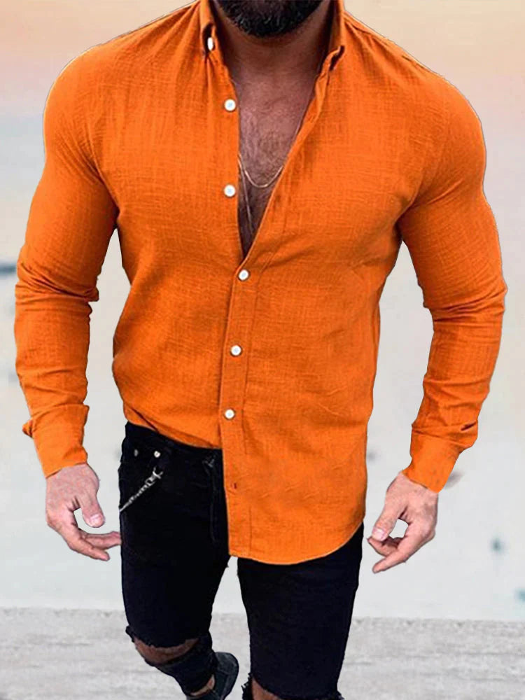 Casual Long Sleeve Linen Shirt coofandystore Orange M 