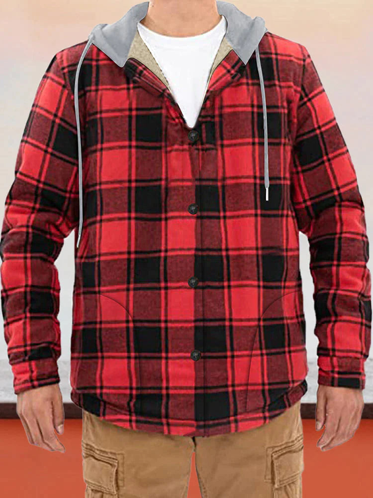 Flannelette Plaid Long Sleeve Hooded Oversized Jacket coofandystore Red M 