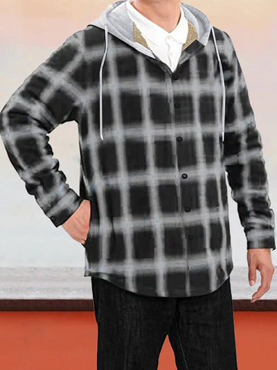 Small Plaid Flannelette Fleece Long Sleeve Hooded Jacket coofandystore Black M 