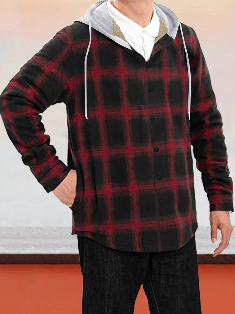 Small Plaid Flannelette Fleece Long Sleeve Hooded Jacket coofandystore Red M 