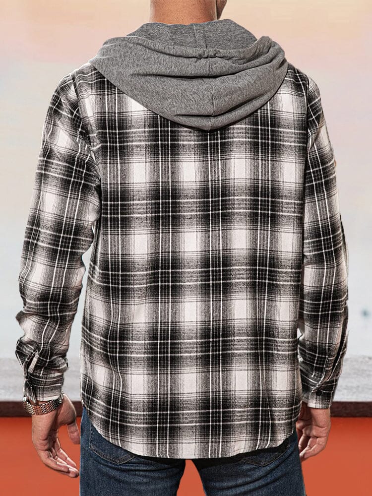 Flannelette Plaid Button Down Long Sleeve Lightweight Shirt with Hooded coofandystore 