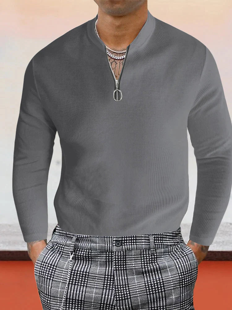 Waffle Knit Polo Shirt coofandystore Grey M 