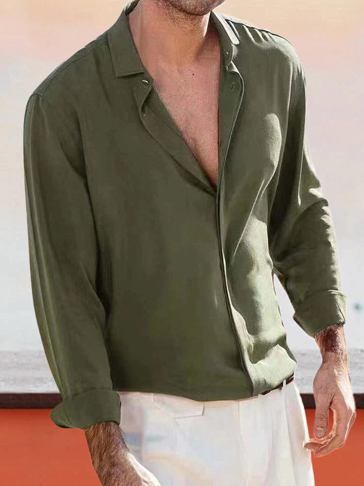 versatile lapel collar linen style long-sleeved shirt Shirts & Polos coofandystore Green S 