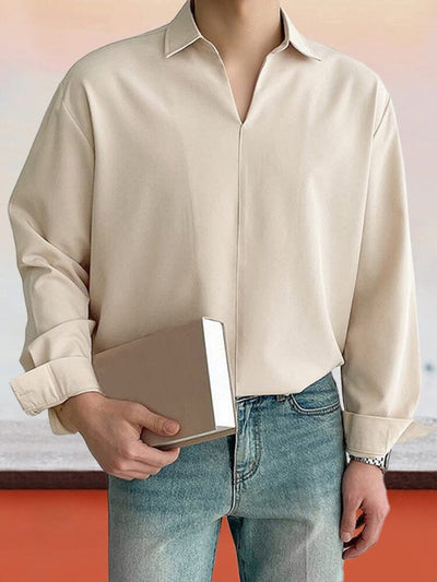 fashion texture loose lapel casual shirt Shirts & Polos coofandystore Khaki S 