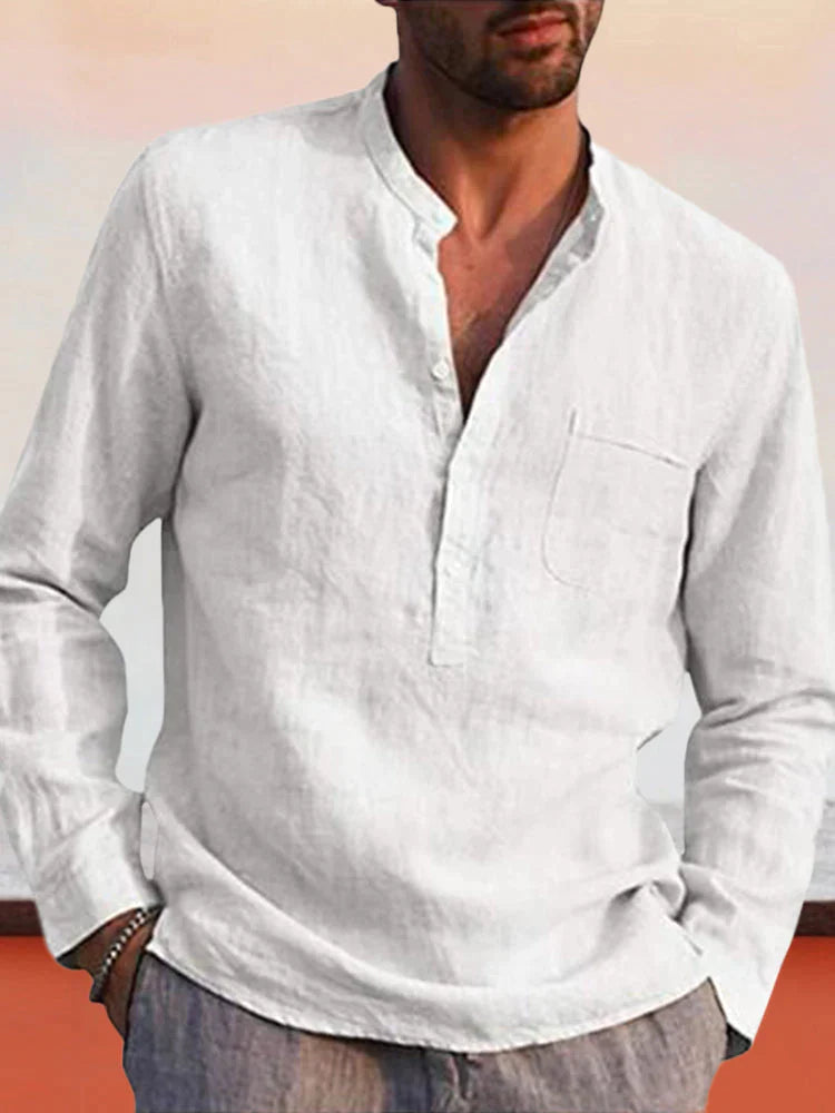 V-neck beach linen style Long-sleeved shirt Shirts & Polos coofandystore White S 