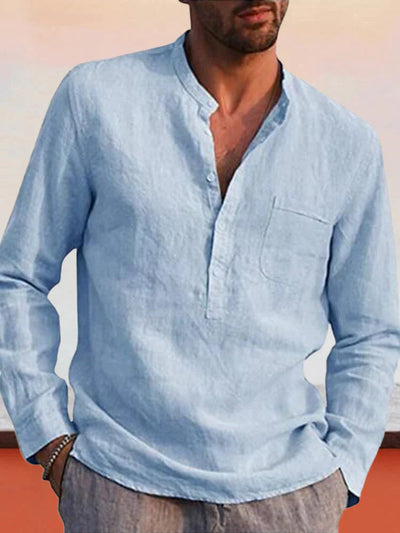 V-neck beach linen style Long-sleeved shirt Shirts & Polos coofandystore Light Blue S 