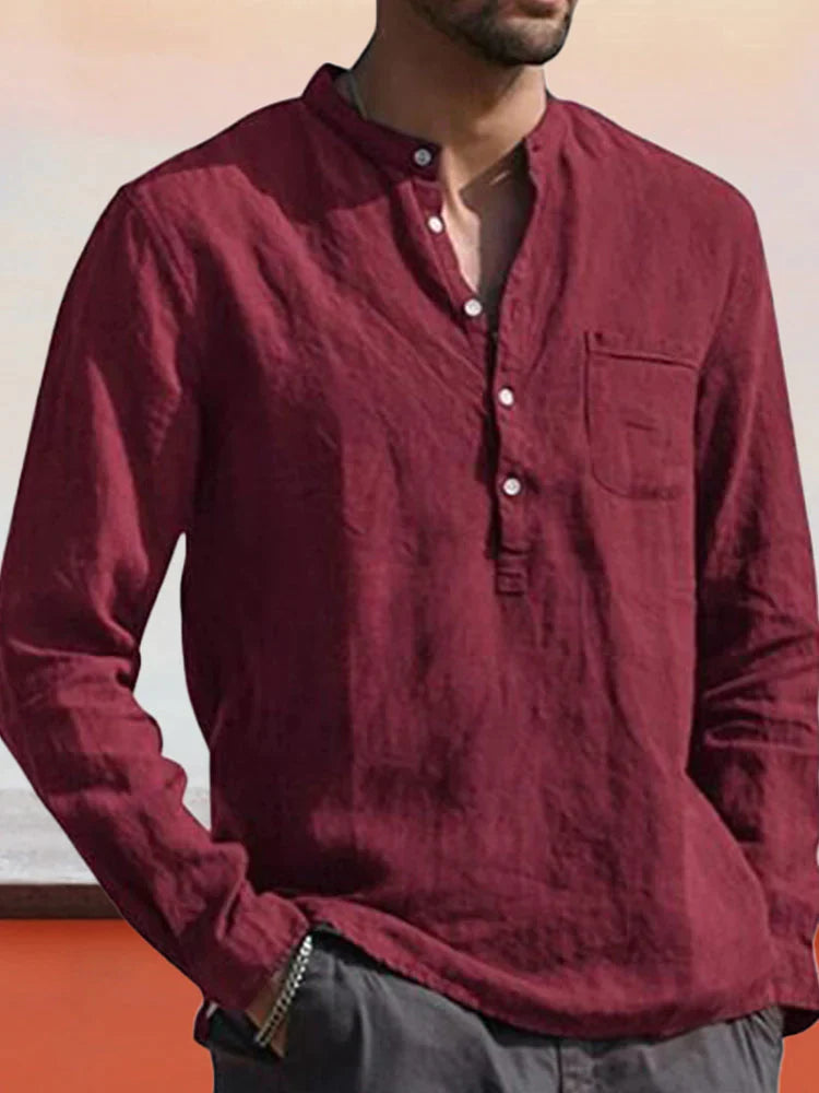 V-neck beach linen style Long-sleeved shirt Shirts & Polos coofandystore Wine Red S 
