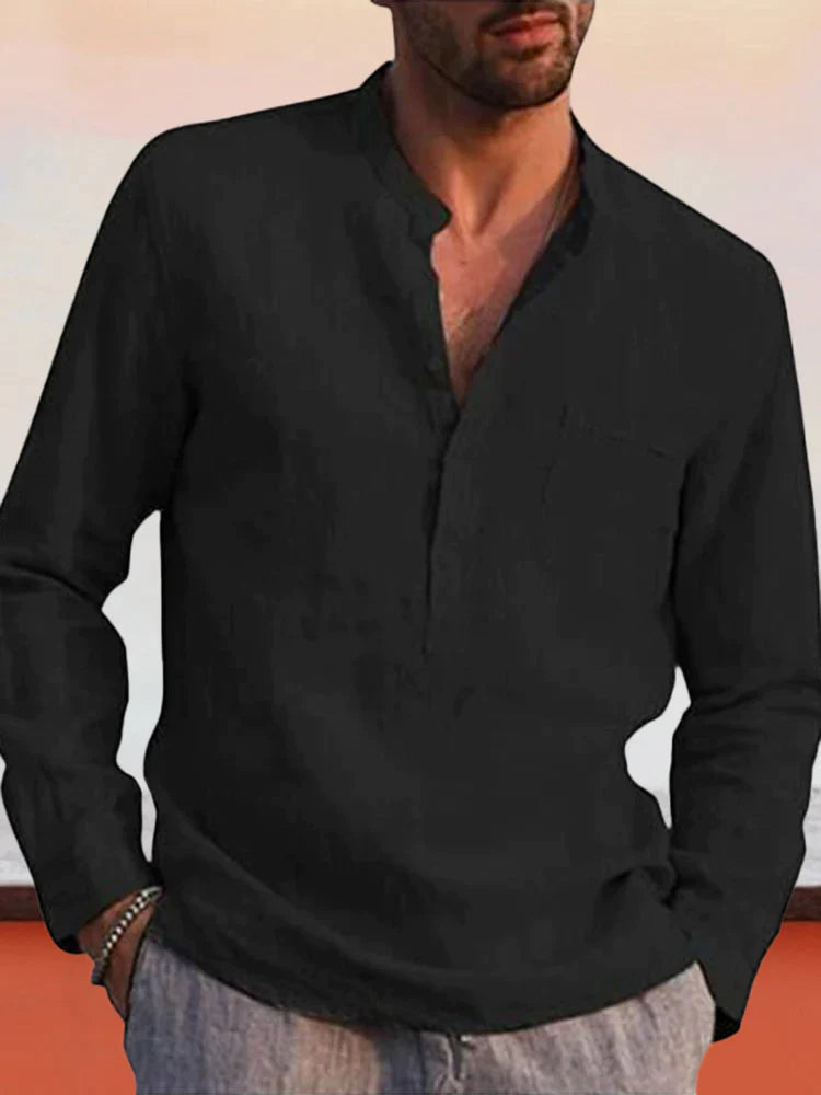 V-neck beach linen style Long-sleeved shirt Shirts & Polos coofandystore Black S 