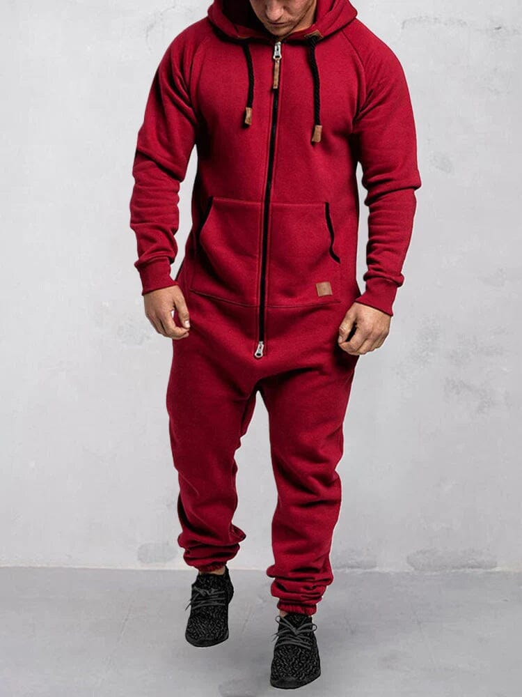 Hooded Fleece Solid Color Jumpsuit Jumpsuit coofandystore Wine Red S 